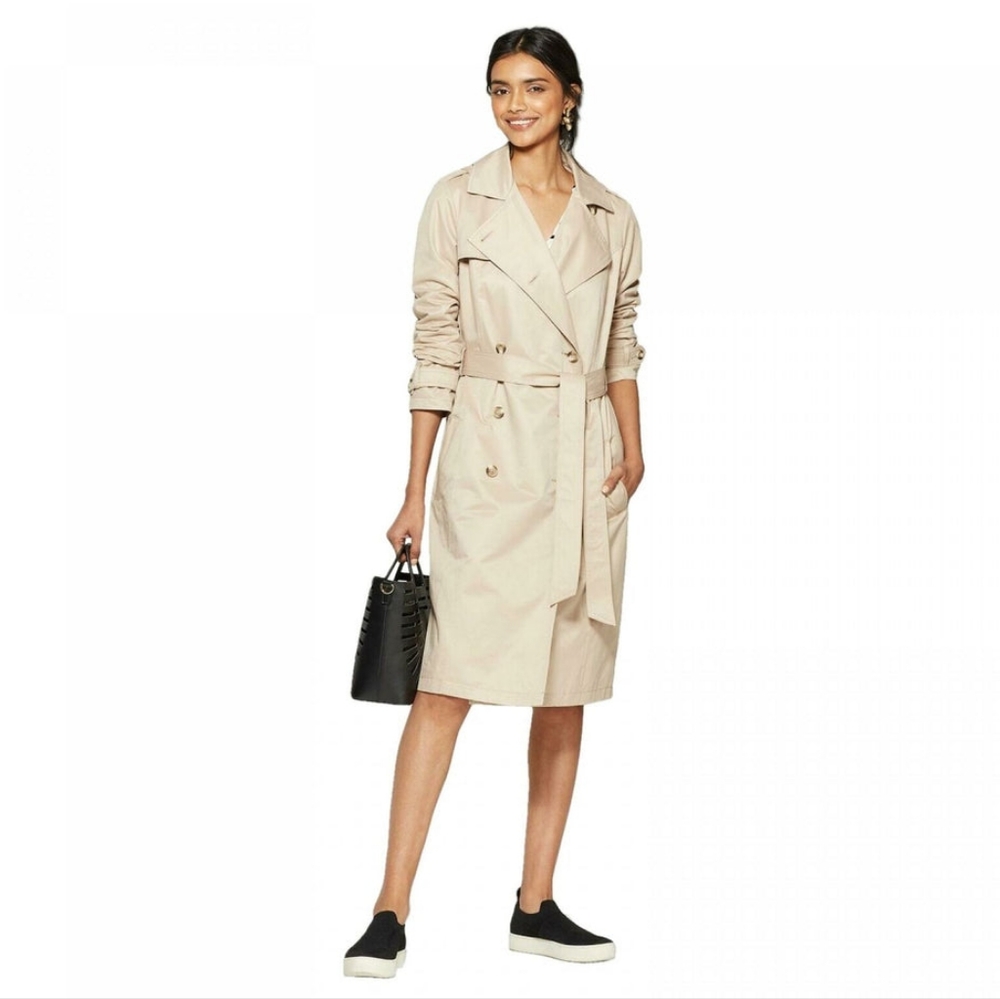 A New Day Double Breasted Belted Trench Coat Khaki NWT